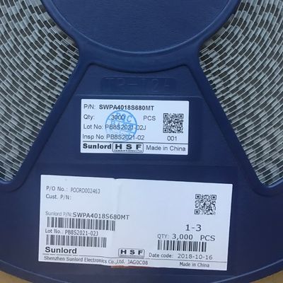 SWPA4018S680MT Inductor de potencia de 68μH con 20% de tolerancia, tamaño 4018, 1.24A de corriente de saturación, 1.15A de corriente de aumento de temperatura, construcción blindada, rango de -40°C a 125°C, cumple con RoHS, embalaje en cinta y carrete