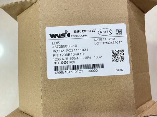 1206B104K101CT MLCC 1206 caso X7R dieléctrico 0.1μF ± 10% 100V nominal bajo ESR amplio rango de -55 °C a +125 °C perfecto para desacoplamiento y filtración de potencia