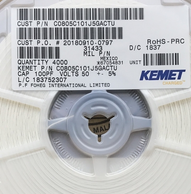 C0805C101J5GACTU 100pF 50V C0G/NP0 0805 Condensador cerámico ±5% Tolerancia Estabilidad de alta frecuencia ESR ultrabaja Valor Q alto y embalaje de cinta y bobina para circuitos de precisión