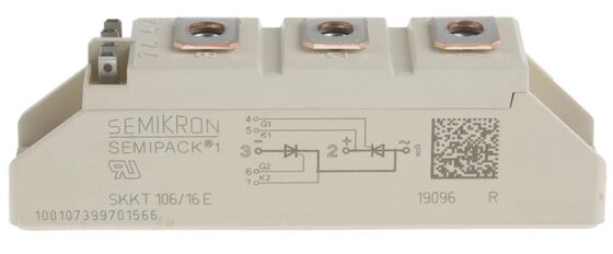 SKKT106/16E 1600V 106A Módulo Tiristor Dual Baja VF 1.35V 2.4kA Sobretensión Base Cerámica AlN Contactos a Presión SEMIPACK1 Aislado Certificado UL para Arrancadores Suaves y Variadores